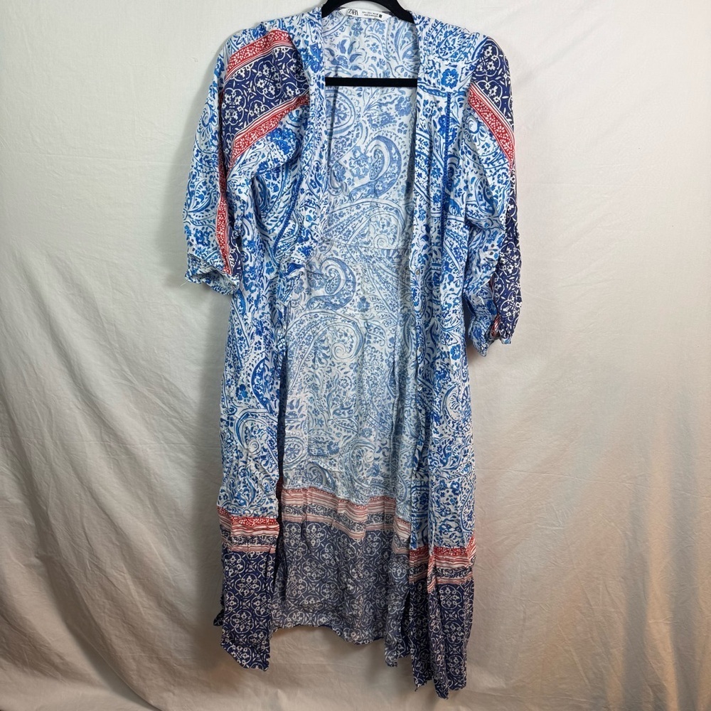 Zara Blue and Red Paisley Tunic Dress Womens Size L